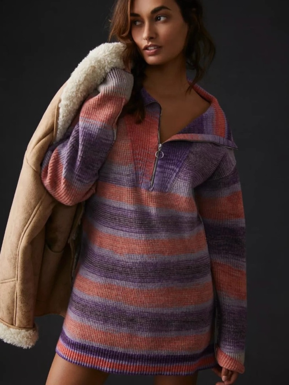 Anthropologie Daily Practice Half-Zip Tunic Sweater Longline Stripes Sz S